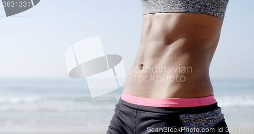 Image of Young Fit Woman\'s Belly Outdoors In Summer