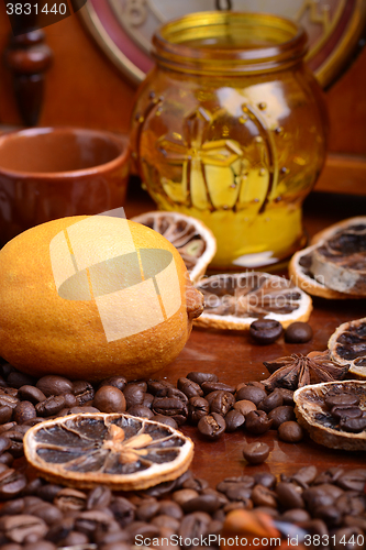 Image of Vintage still life with coffee beans on wooden background