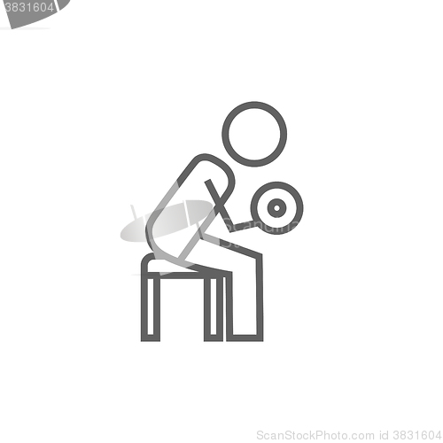 Image of Man exercising with dumbbells line icon.