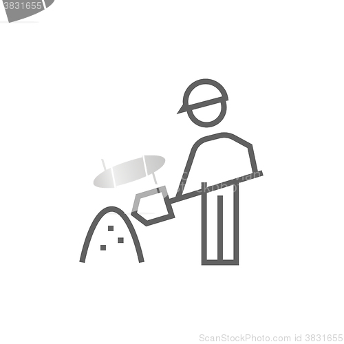 Image of Man with shovel and hill of sand line icon.