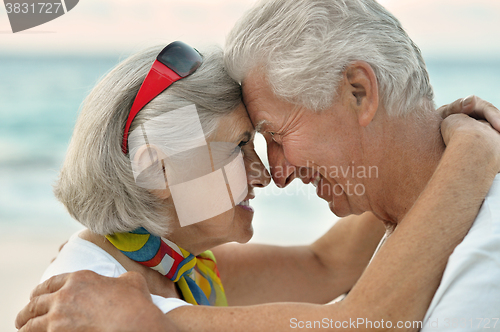 Image of elderly couple rest at tropical beach