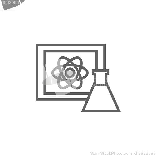 Image of Atom sign drawn on board and flask line icon.