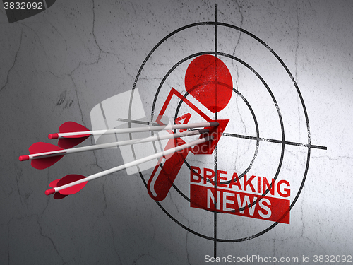 Image of News concept: arrows in Breaking News And Microphone target on wall background