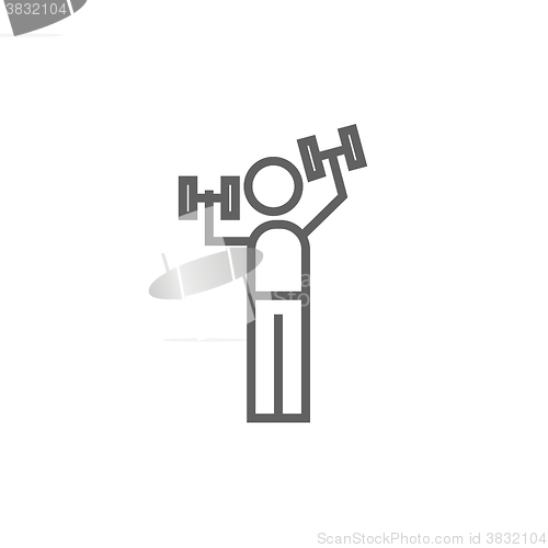 Image of Man exercising with dumbbells line icon.