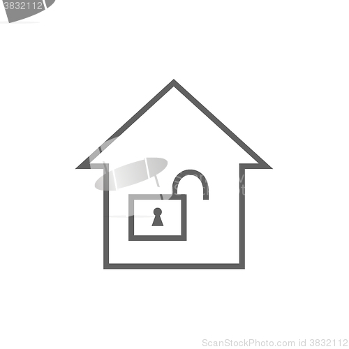 Image of House with open lock line icon.