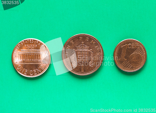 Image of Dollars, Euro and Pounds - 1 Cent, 1 Penny