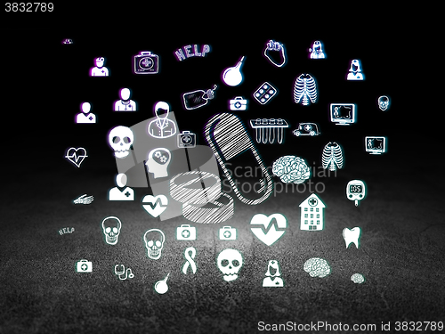 Image of Health concept: Pills in grunge dark room