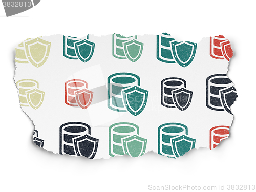 Image of Software concept: Database With Shield icons on Torn Paper background