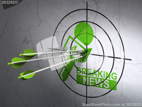 Image of News concept: arrows in Breaking News And Microphone target on wall background