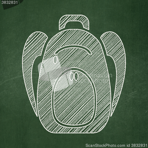 Image of Learning concept: Backpack on chalkboard background