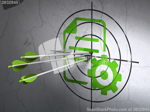 Image of Software concept: arrows in Gear target on wall background