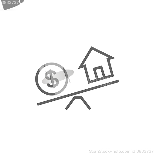 Image of House and dollar symbol on scales line icon.