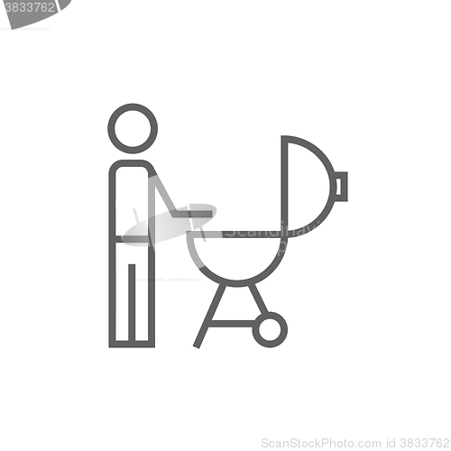 Image of Man at barbecue grill line icon.