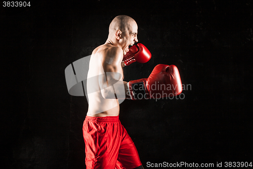 Image of The young man kickboxing on black