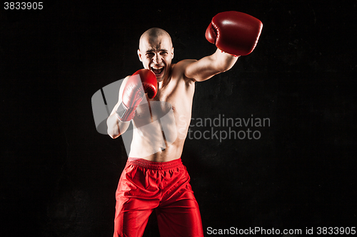 Image of The young man kickboxing on black