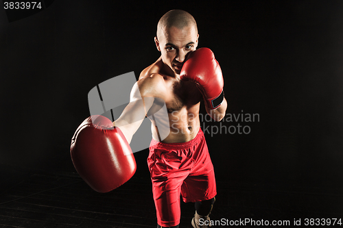 Image of The young man kickboxing on black