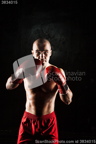 Image of The young man kickboxing on black