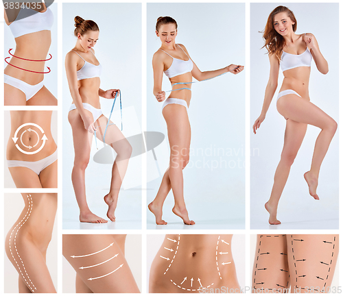 Image of Collage of female body with the drawing arrows