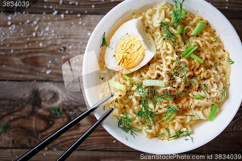 Image of Asian noodles with fresh green onion and boiled egg