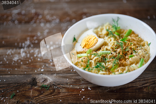 Image of Asian noodles with fresh green onion and boiled egg