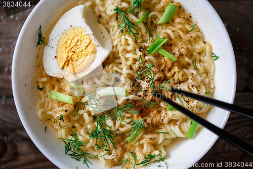 Image of Asian noodles with fresh green onion and boiled egg