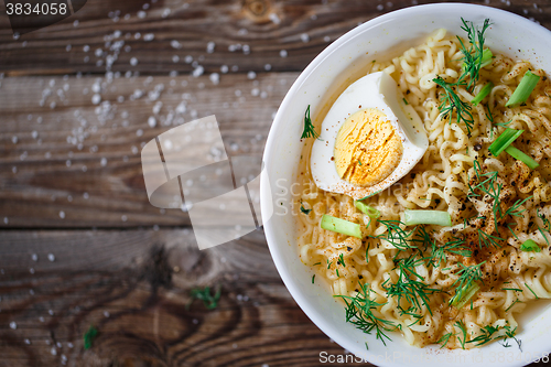 Image of Asian noodles with fresh green onion and boiled egg