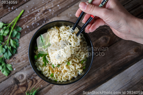 Image of Chinese noodles. Top view.