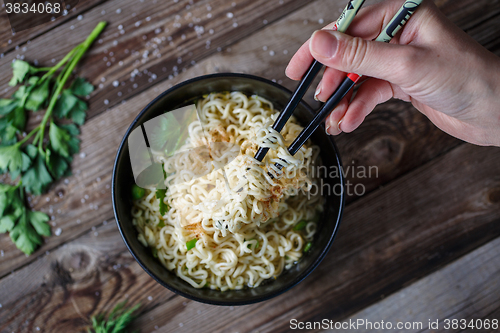 Image of Chinese noodles. Top view.