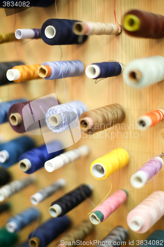 Image of High angle view of sewing threads 