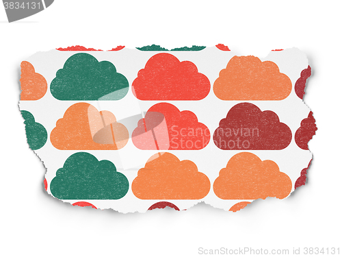 Image of Cloud technology concept: Cloud icons on Torn Paper background