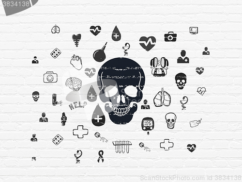 Image of Medicine concept: Scull on wall background