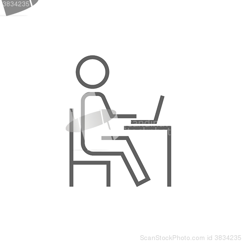 Image of Student sitting on chair in front of laptop line icon.