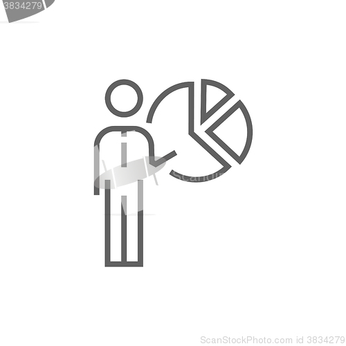 Image of Businessman pointing at the pie chart line icon.