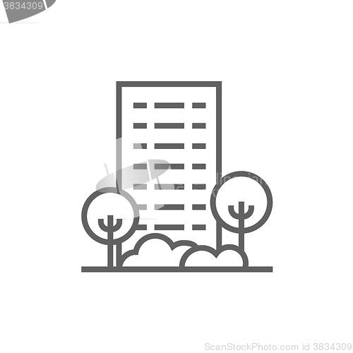 Image of Residential building with trees line icon.