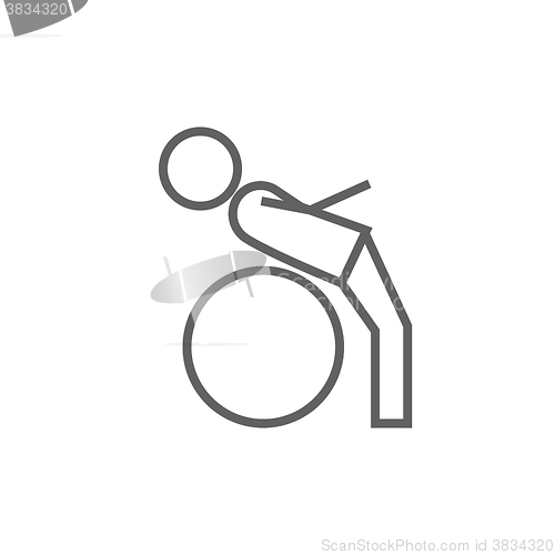 Image of Man doing exercises lying on gym ball line icon.