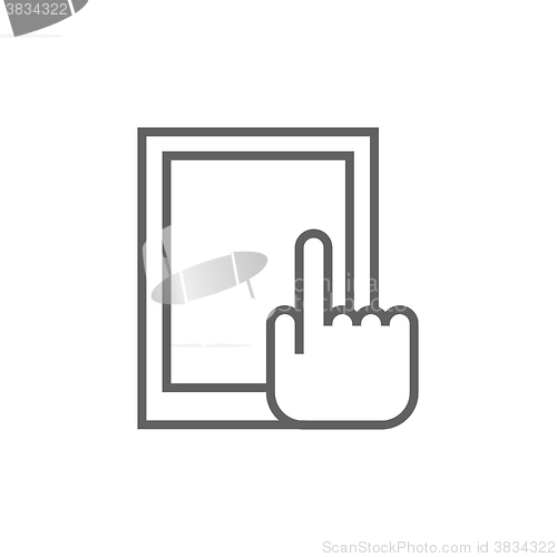 Image of Finger pointing at tablet line icon.