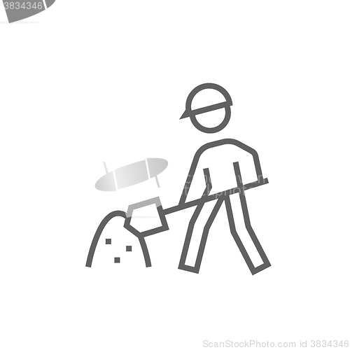 Image of Man with shovel and hill of sand line icon.