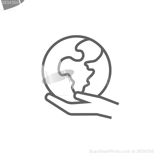 Image of Hand holding the Earth line icon.