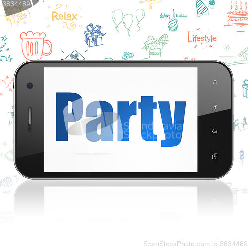 Image of Holiday concept: Smartphone with Party on display