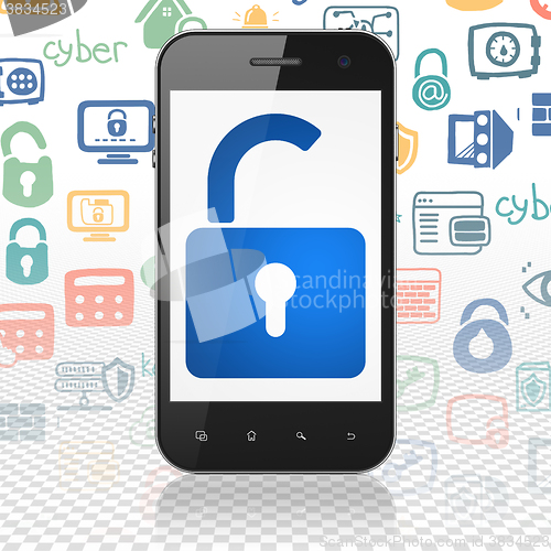 Image of Safety concept: Smartphone with Opened Padlock on display