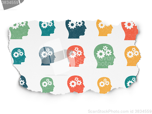 Image of Learning concept: Head With Gears icons on Torn Paper background