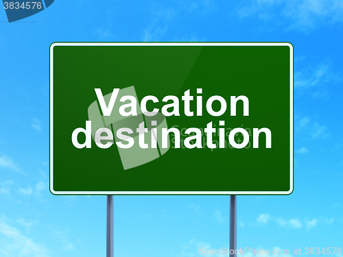 Image of Tourism concept: Vacation Destination on road sign background