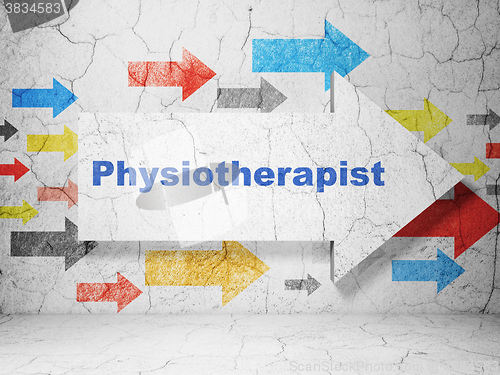 Image of Healthcare concept: arrow with Physiotherapist on grunge wall background