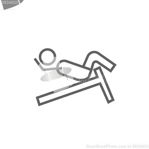 Image of Man doing crunches on incline bench line icon.