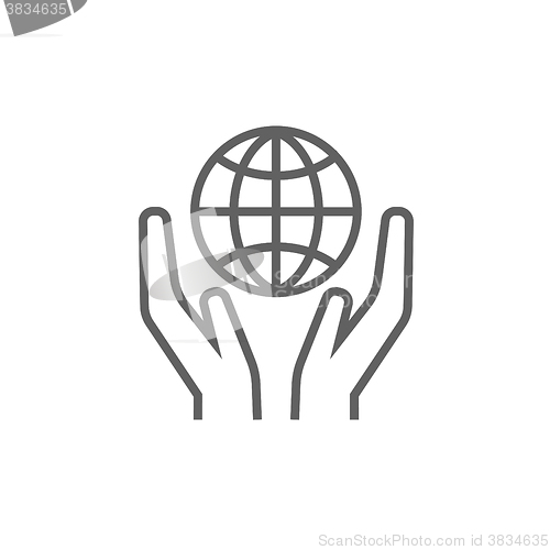 Image of Two hands holding globe line icon.