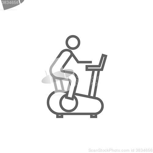 Image of Man training on exercise bike line icon.