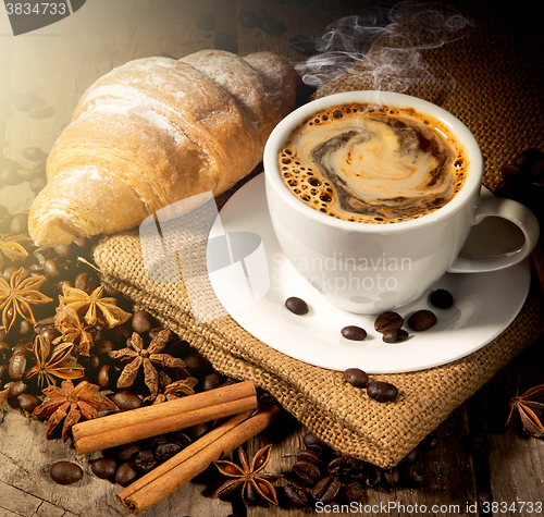 Image of Morning coffee and croissant