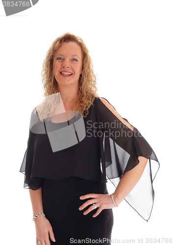 Image of Blond woman in black dress.