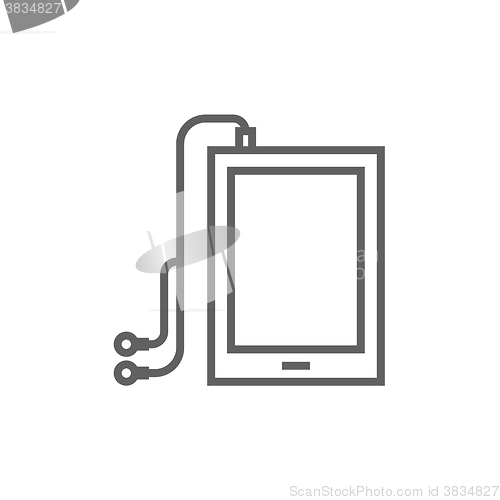 Image of Tablet with headphones line icon.