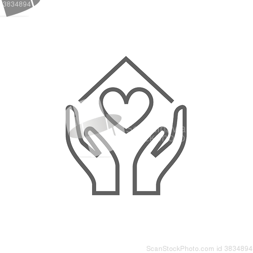Image of Hands holding house symbol with heart shape line icon.